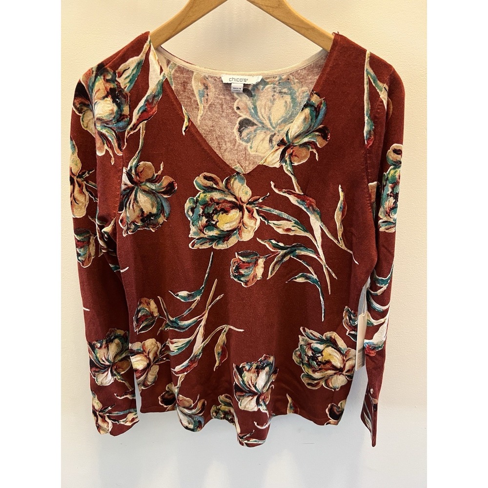 Chicos Floral Impress V-Neck Sweater Pullover Rayon Blend 0 Small Multicolor NWT - Picture 5 of 8